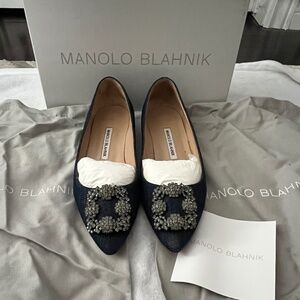 Manolo Blahnik Blue Denim Hangisi Crystal Flats SIZE 37